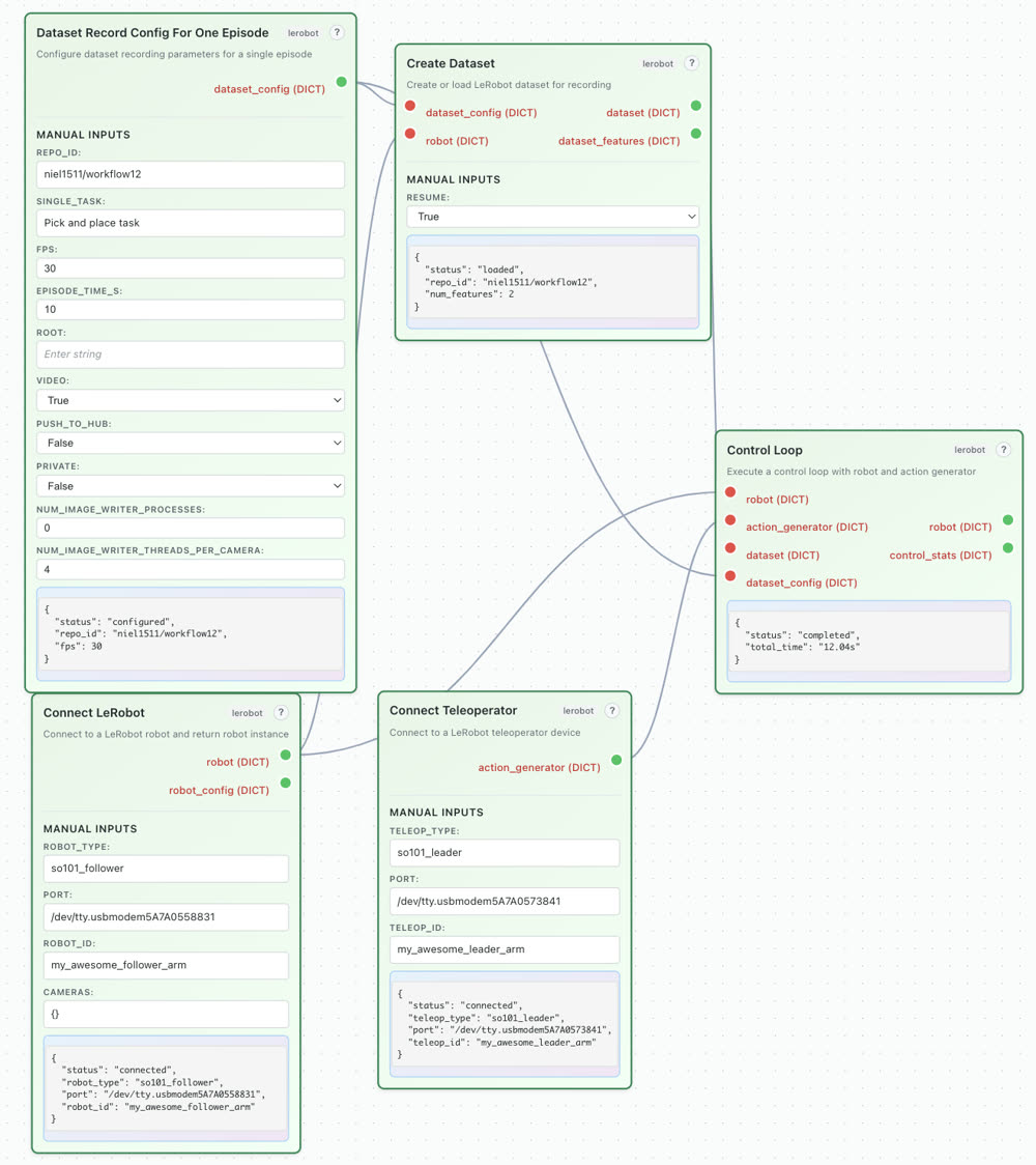 The Factory UI node graph, teleoperating a robot arm