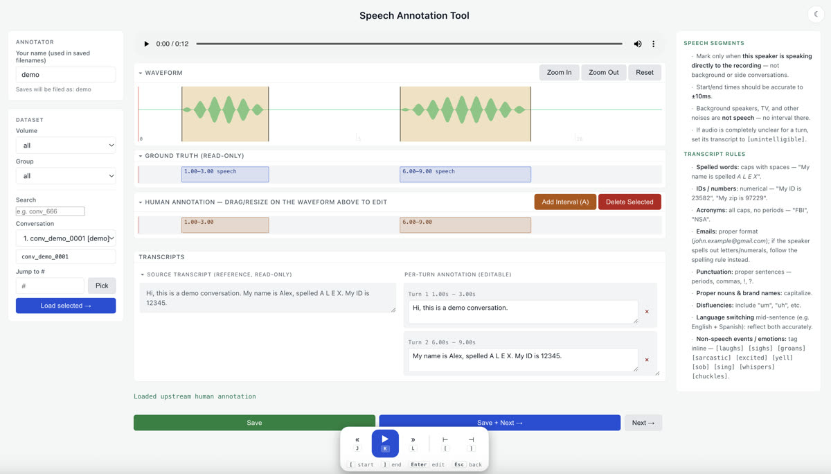 The nimbus-annotate UI, showing per-turn transcript segments against a waveform